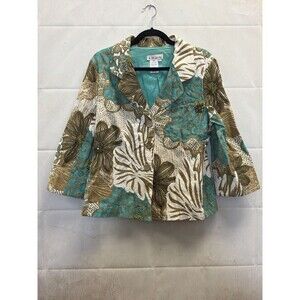 À La Carte Blazer L Floral Turquoise Green Cotton Stretch 3/4 Sleeve Jacket